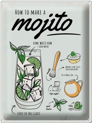 Blechschild Rezept Mojito Cocktail Recipewhite rum 30x40 cm Schild tin sign