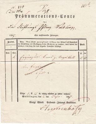 Pränumerations-Conto Zeitungswesen aus dem Jahr 1837 von Waiblingen