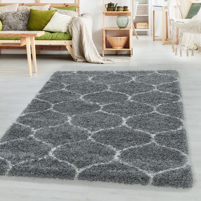 Hochflor Design Teppich Wohnzimmerteppich Muster Kachel Tile Jacquard Grau