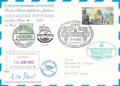 18. Kinderdorf-Luftschiffpost "1000 Jahre Potsdam" mit Pilotenunterschrift