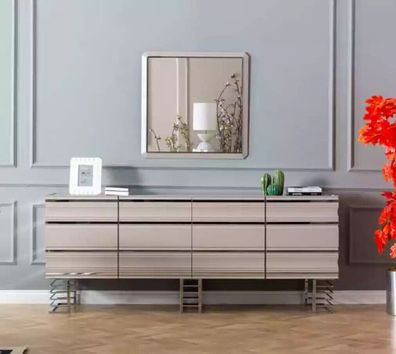 Wohnzimmer beige Sideboard Spiegel Design Möbel Konsole Holz Designer