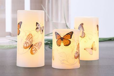 3-tlg. LED Wachs Kerzen Set mit Schmetterlingen