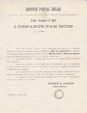 Ankündigung des Schiffsverkehr von 1877 zwischen Belgien und Südamerika