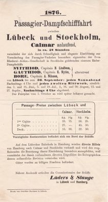 Schiffsfahrplan von 1876 zwischen Lübeck und Stockholm