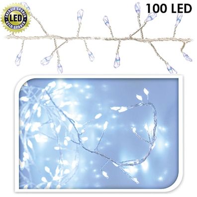 100 LED Cluster Lichterkette Draht Silber Weiß