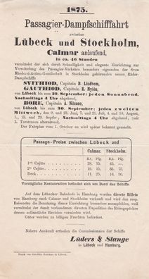 Schiffsfahrplan von 1875 zwischen Lübeck und Stockholm
