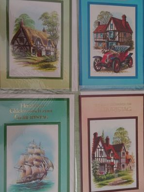 4 Grußkarten zum Geburtstag Fachwerkhaus Segelschiff Oldtimer Riedhaus