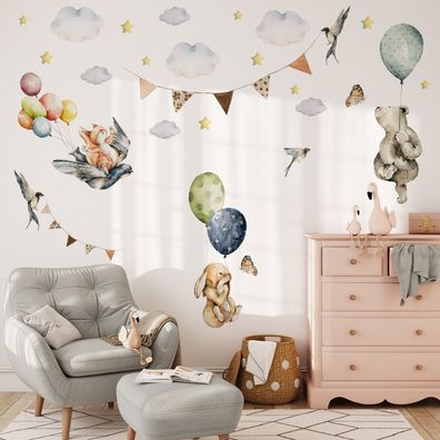 Muralo Wandtattoo Wandsticker für Kinderzimmer Ballons Sterne Wolken Tiere Aufkleber