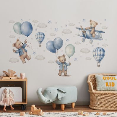 Muralo Wandsticker für Kinder kleine Bären Teddybären Ballons Sterne Wolken Aufkleber