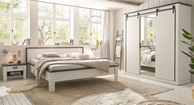Schlafzimmer Set komplett mit Doppelbett Schrank 2x Nachttisch in weiß Landhaus Stove