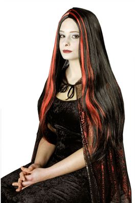 Hexen Perücke schwarz mit roten Strähnen Langhaar Karneval Fasching Halloween