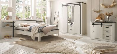 Schlafzimmer Set komplett mit Bett Schrank Kommode 2 x Wandpaneel weiß Landhaus Stove