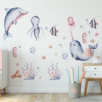 Muralo Wandtattoo Wandsticker für Kinder bunte Meerestiere Aquarell Aufkleber