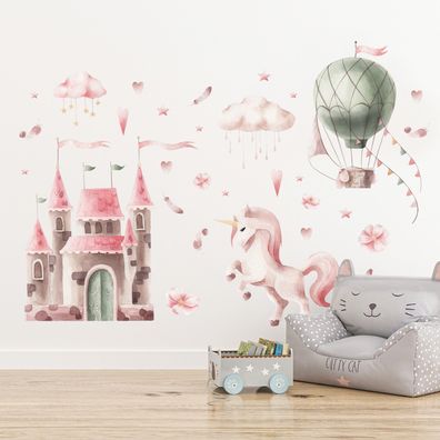 Muralo Wandtattoo für Mädchen Ballon Schloss Sterne Wolken Einhorn Aufkleber