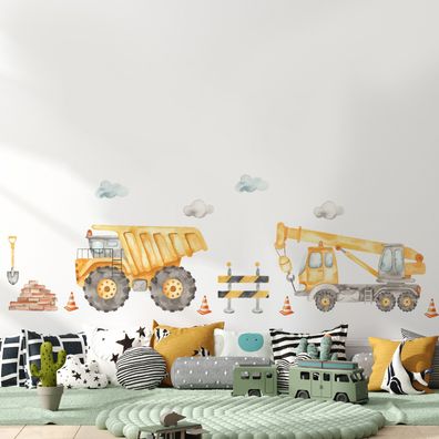 Muralo Aufkleber für Kinderzimmer Aquarelle Baumaschine Wolken Wandtattoo Wandsticker