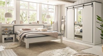 Schlafzimmer Set komplett Bett Schrank 2 x Paneel 2 x Nachttisch weiß Landhaus Stove