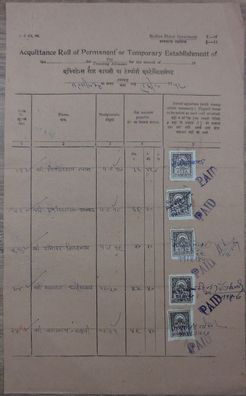 Indien Dokument von ca. 1950 mit zehn Gebührenmarken/ Steuermarken