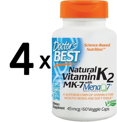 4 x Natural Vitamin K2 MK7 with MenaQ7, 45mcg - 60 vcaps