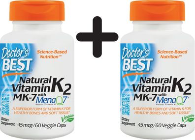 2 x Natural Vitamin K2 MK7 with MenaQ7, 45mcg - 60 vcaps