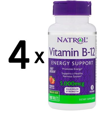 4 x Vitamin B-12 Fast Dissolve, 5000mcg, Strawberry - 100 tabs
