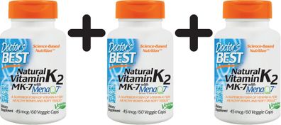 3 x Natural Vitamin K2 MK7 with MenaQ7, 45mcg - 60 vcaps