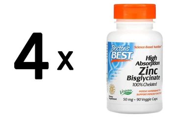 4 x High Absorption Zinc Bisglycinate, 50mg - 90 vcaps