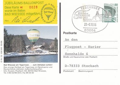 Jubiläums Ballonpost "1250 Jahre Tegernsee" mit Pilotenunterschrift