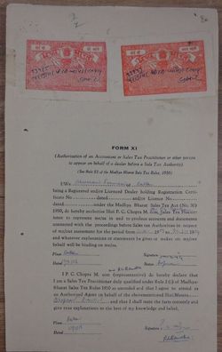 Indien Dokument von 1958 mit zwei Gebührenmarken/ Steuermarken (?)