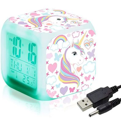 Einhorn-Digitalwecker für Mädchen, LED-Nachtleuchtender Würfel-LCD-Uhr mit