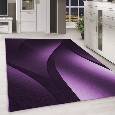 Designer Teppich Modern Kurzflor Abstrakt Wellen Muster Schwarz Lila Weiß