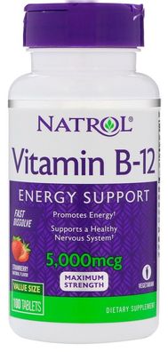 Vitamin B-12 Fast Dissolve, 5000mcg, Strawberry - 100 tabs
