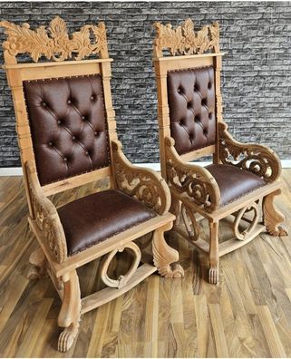 2 Sessel Bäuerlicher Barock Stil Prunksessel Holzstuhl Naturbelassen