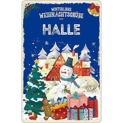 vianmo Blechschild 18x12 cm Weihnachtsgrüße aus HALLE