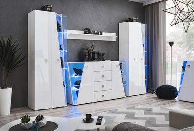 Weiß Garnitur 4 tlg Wohnwand Luxus Möbel Wohnzimmer Set Kommode Neu