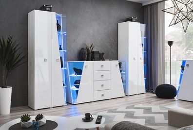Luxus Kommode Weiß 2x Vitrine Wohnwand Wohnzimmer Set Holz Modern Möbel