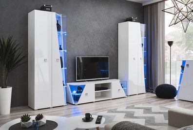 Luxus Wohnzimmer Set Weiß Wohnwand 2x Vitrine Modern TV-Ständer Garnitur 3 tlg