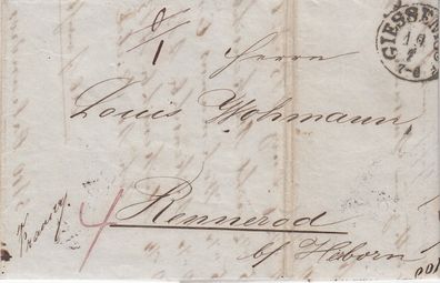 Hessen vollständiger Vorphilabrief aus dem Jahr 1855 von Giessen nach Rennerod 14