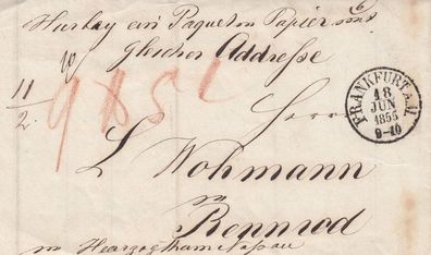 Hessen vollständiger Vorphilabrief aus dem Jahr 1855 von Frankfurt nach Rennerod 16