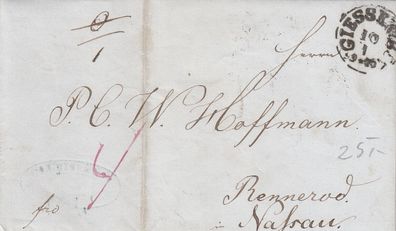 Hessen vollständiger Vorphilabrief aus dem Jahr 1857 von Giessen nach Rennerod 20