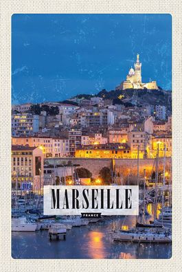 Holzschild Holzbild 18x12 cm Retro Marseille France Panorama Nacht