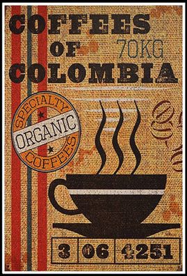 Blechschild 20x30 cm coffees colombia organic coffee