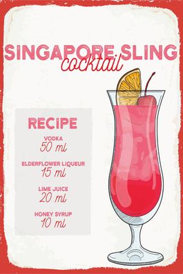 Holzschild 18x12 cm - Singapore Sling Cocktail Recipe
