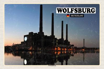 Holzschild Holzbild 18x12 cm Wolfsburg VW-Kraftwerk Fluss