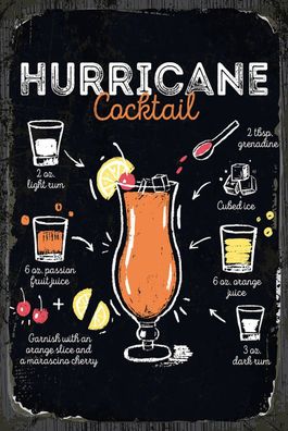 Blechschild 18x12 cm Hurricane Cocktail Recipe