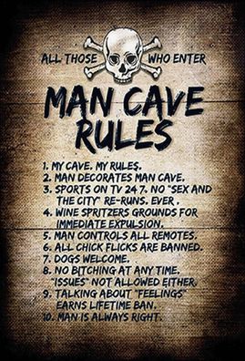 Holzschild 20x30 cm - Man Cave Rules Totenkopf