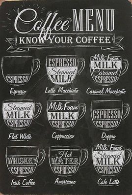 Holzschild 20x30 cm - Coffee Menu Espresso Latte Flat