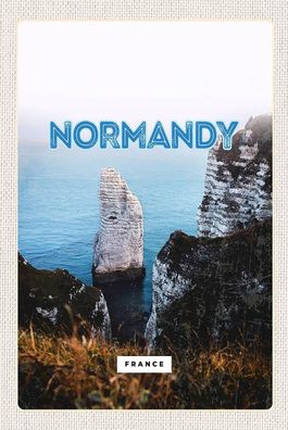 Holzschild Holzbild 18x12 cm Normandy France weiße Felse Meer