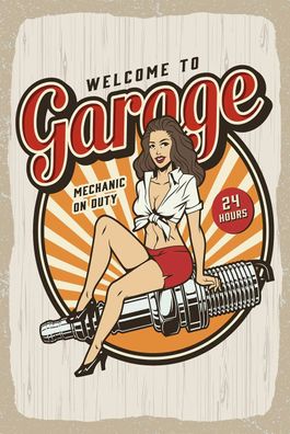 Holzschild Holzbild 18x12 cm Pinup Welcome to Garage Mechanic on
