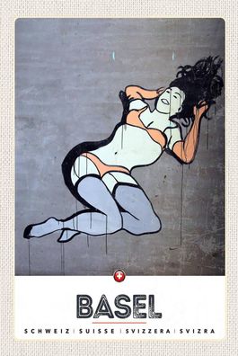 Holzschild 18x12 cm - Basel Schweiz nackte Frau Graffiti