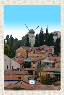 Holzschild 18x12 cm - Israel Stadt Windmühle Natur